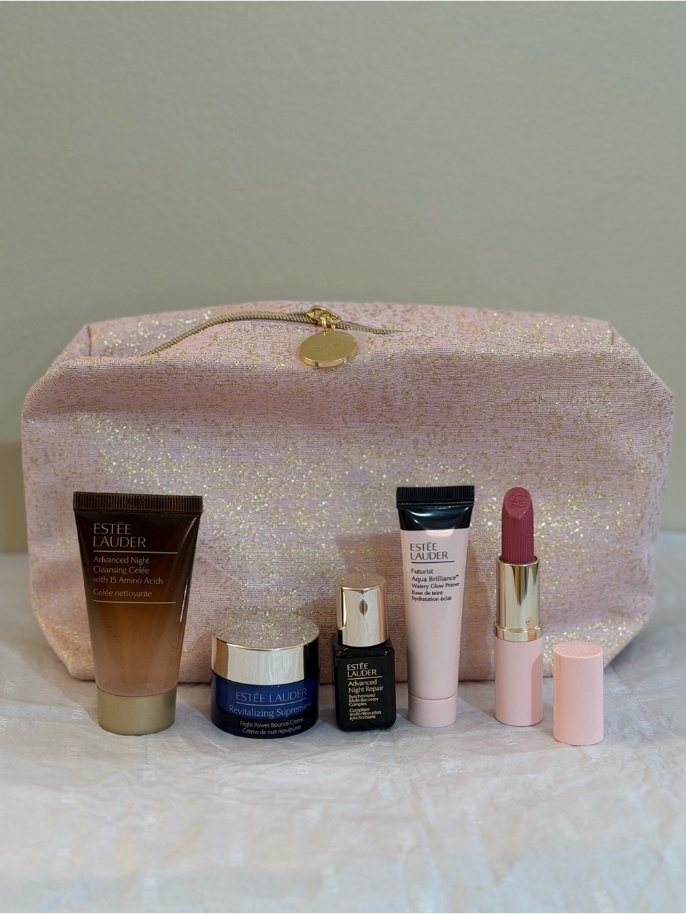 Estee Lauder Pink Glitter Cosmetic Pouch with Skincare & Lipstick